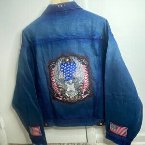 Mens L - Custom Denim Jacket- USA Patriotic Patches